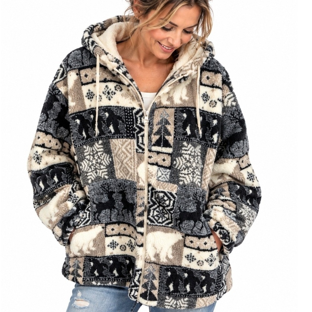 Vintage Northern Style Soft Fleece Jacket Black Beige Moose Bear Hooded Large